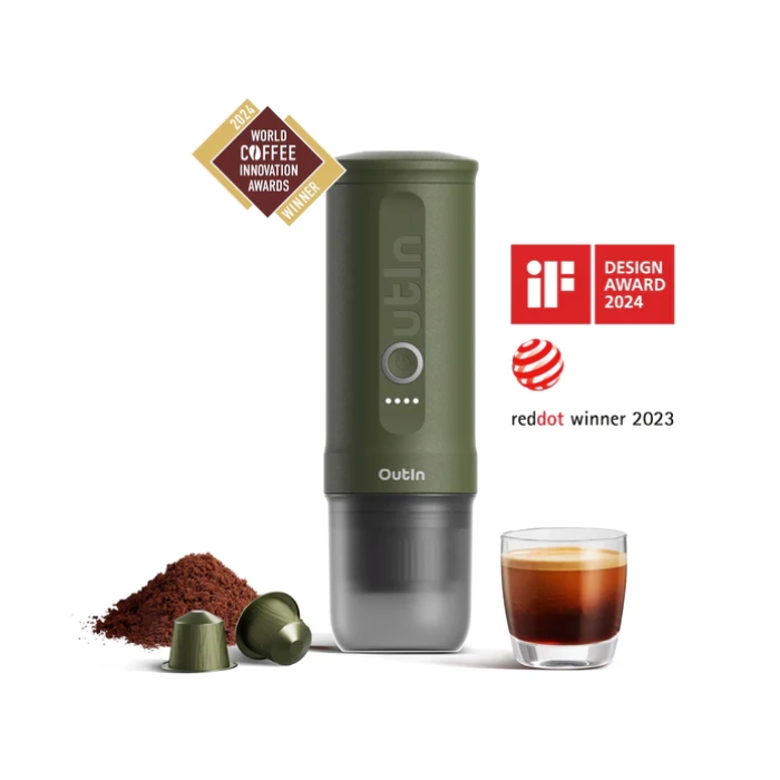 Product image of the Outin Nano Portable Espresso machine in Forest Green with Awards